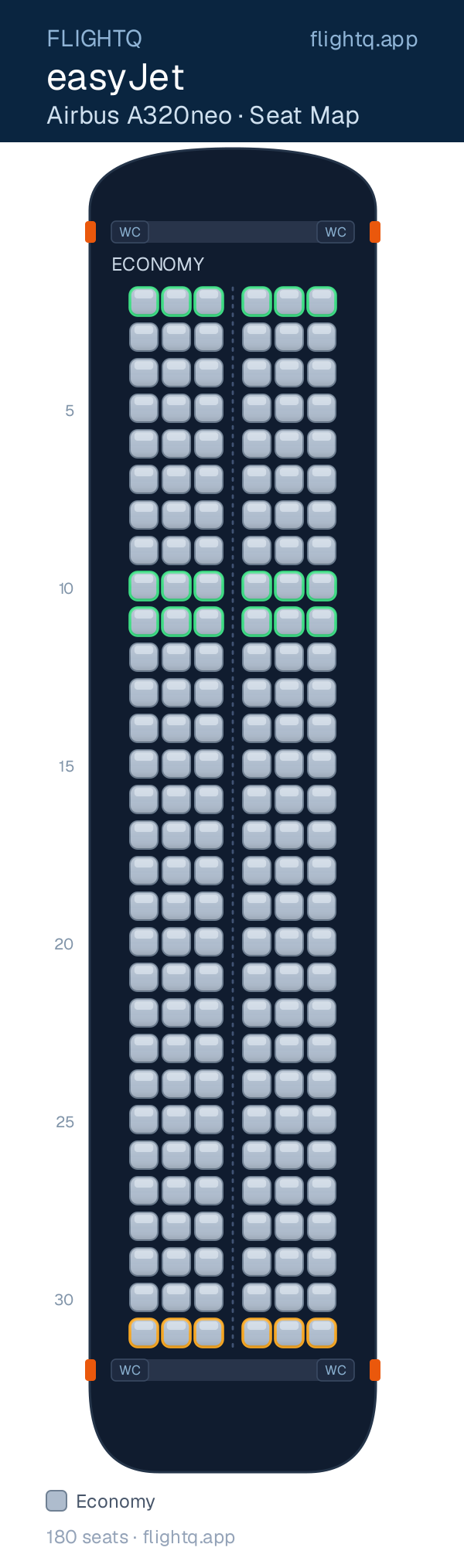 easyJet Airbus A320neo seat map with 180 seats — best seats and rows to avoid
