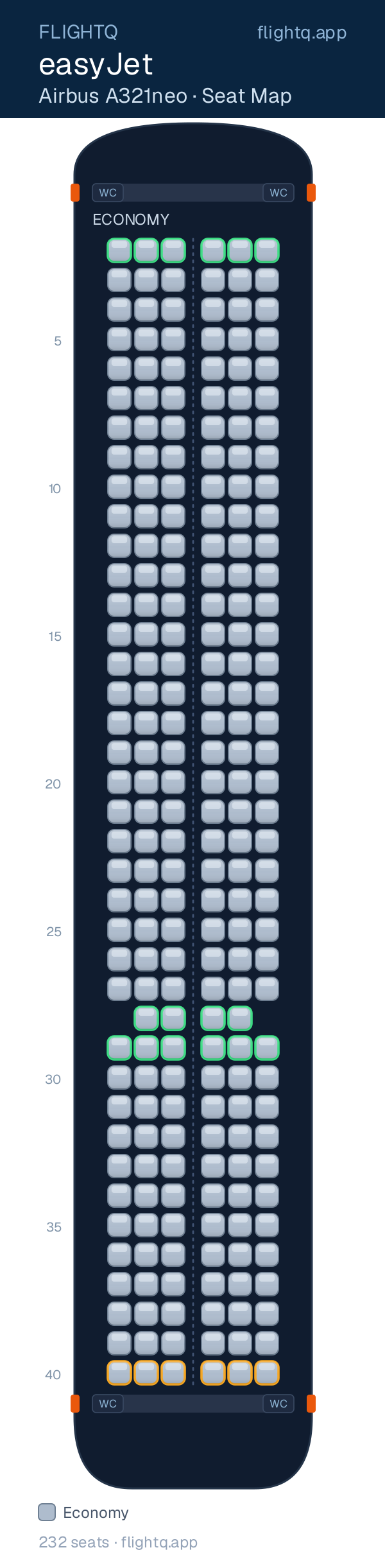 easyJet Airbus A321 seat map with 232 seats — best seats and rows to avoid
