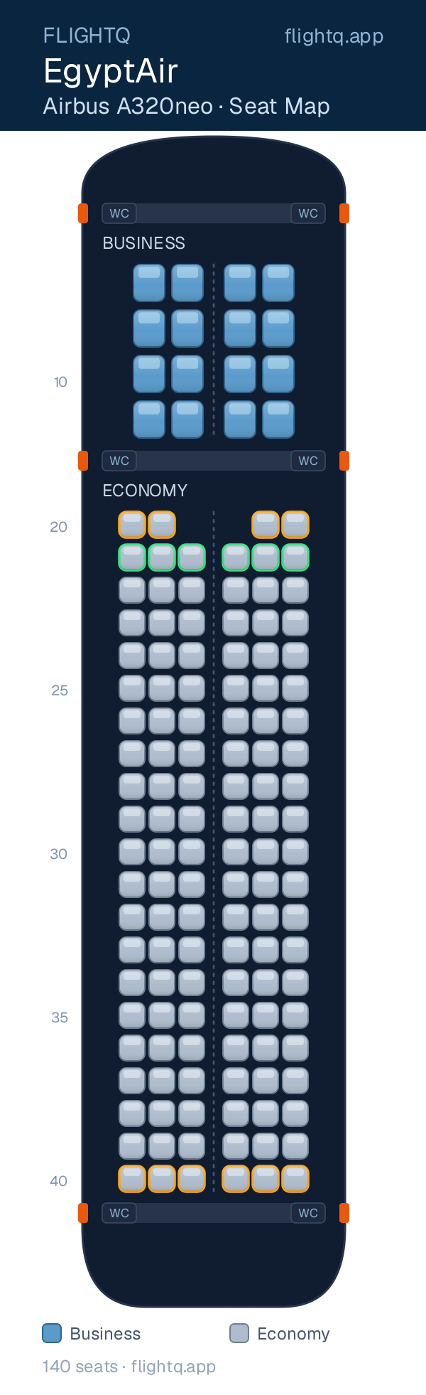 EgyptAir Airbus A320 seat map with 140 seats across 2 cabins — best seats and rows to avoid