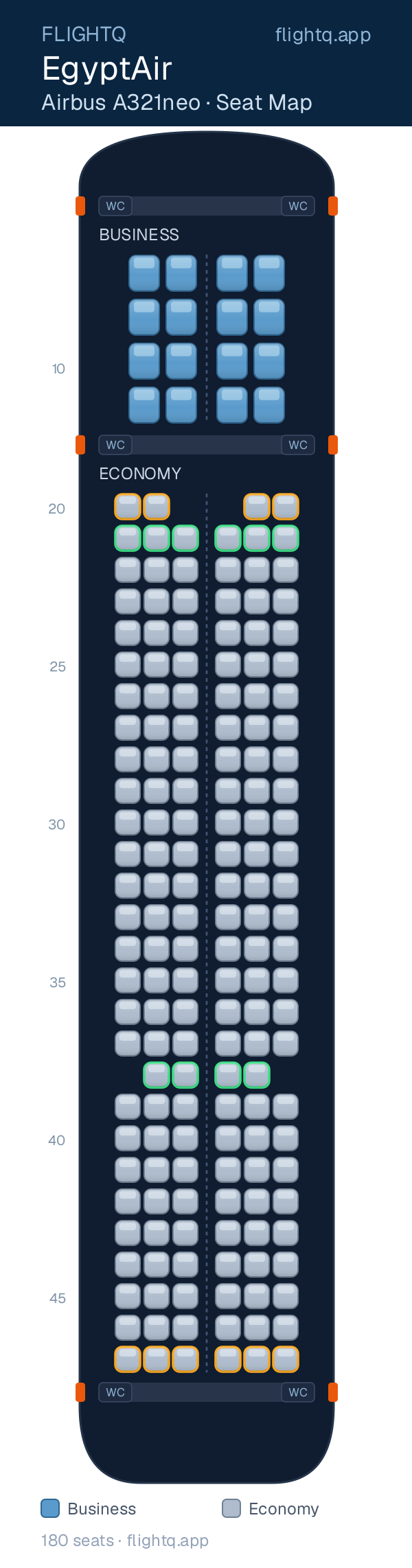 EgyptAir Airbus A321 seat map with 180 seats across 2 cabins — best seats and rows to avoid