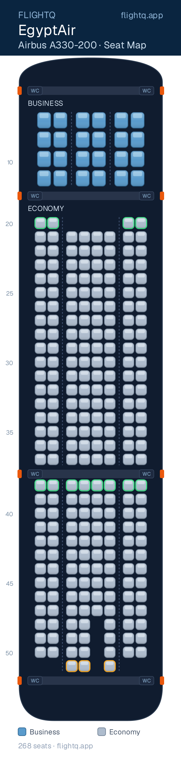EgyptAir Airbus A330-200 seat map with 268 seats across 2 cabins — best seats and rows to avoid