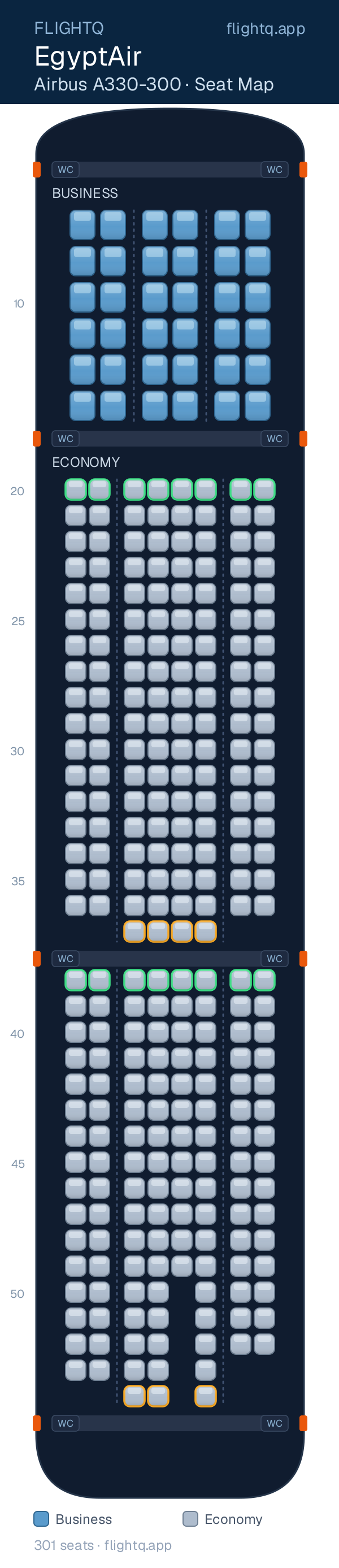 EgyptAir Airbus A330-300 seat map with 301 seats across 2 cabins — best seats and rows to avoid