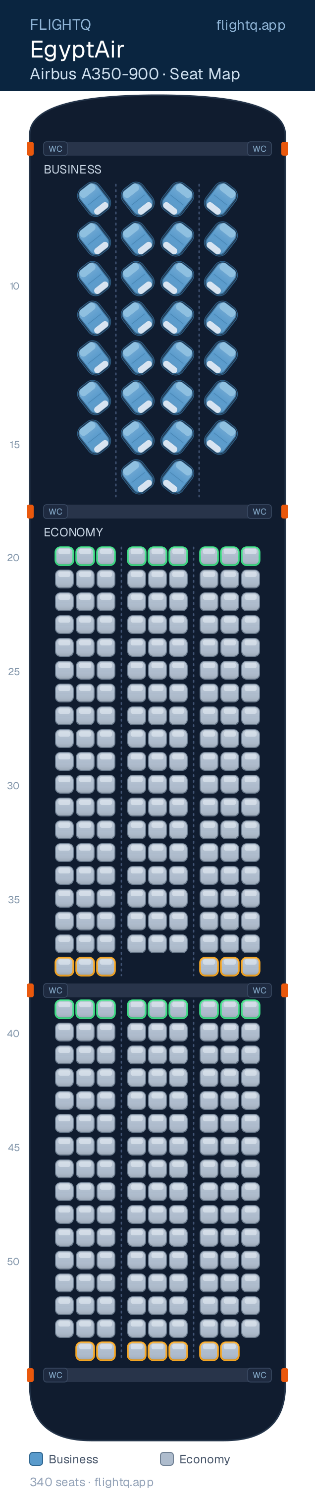 EgyptAir Airbus A350-900 seat map with 340 seats across 2 cabins — best seats and rows to avoid