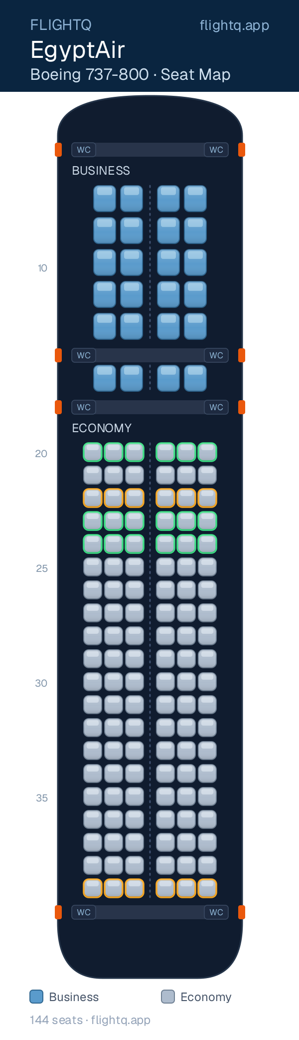 EgyptAir Boeing 737-800 seat map with 144 seats across 2 cabins — best seats and rows to avoid