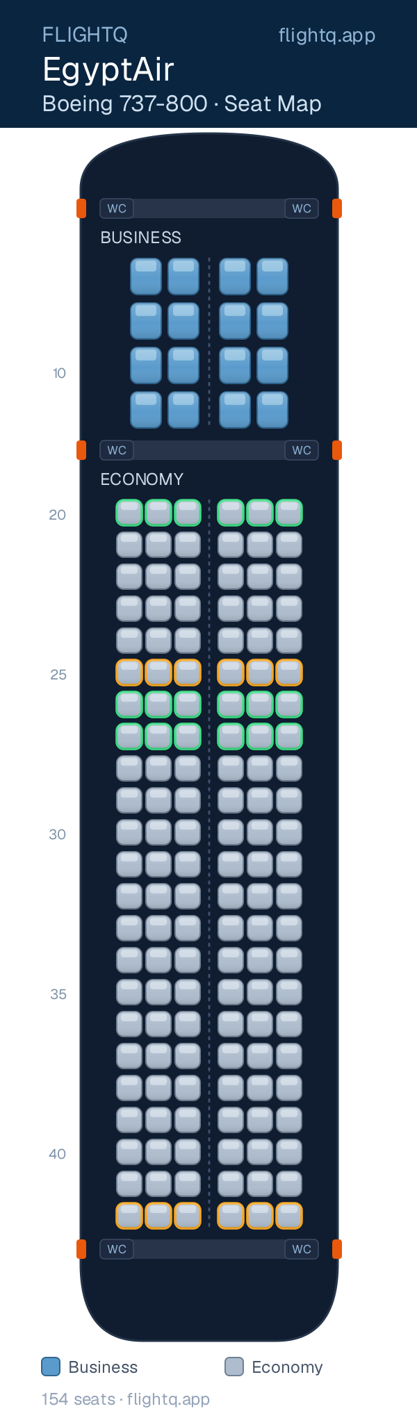 EgyptAir Boeing 737-800 seat map with 154 seats across 2 cabins — best seats and rows to avoid
