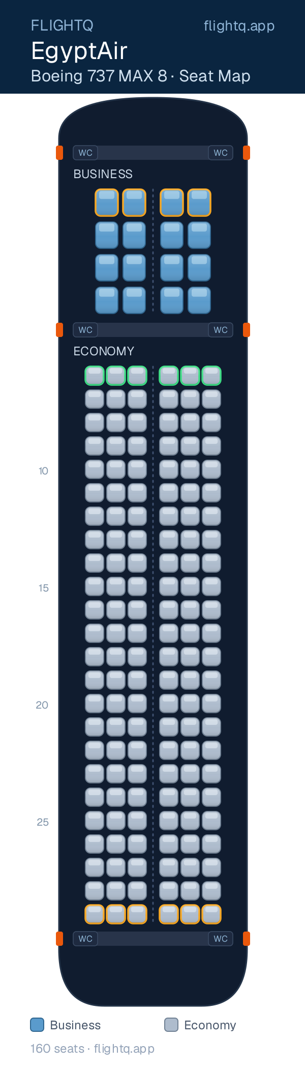 EgyptAir Boeing 737 MAX 8 seat map with 160 seats across 2 cabins — best seats and rows to avoid