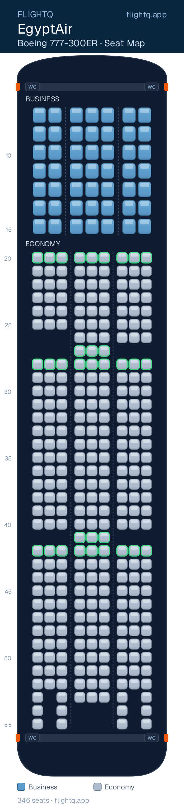 EgyptAir Boeing 777-300ER seat map with 346 seats across 2 cabins — best seats and rows to avoid