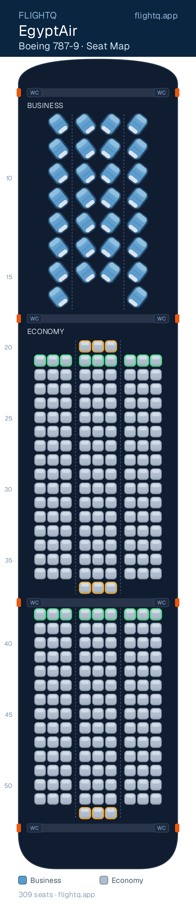 EgyptAir Boeing 787-9 Dreamliner seat map with 309 seats across 2 cabins — best seats and rows to avoid