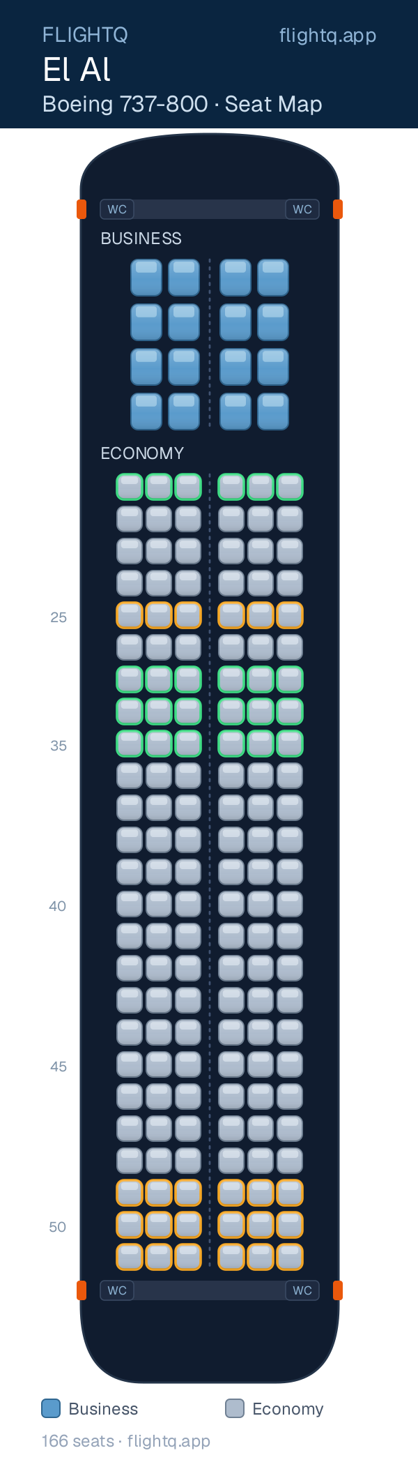 El Al Boeing 737-800 seat map with 166 seats across 2 cabins — best seats and rows to avoid
