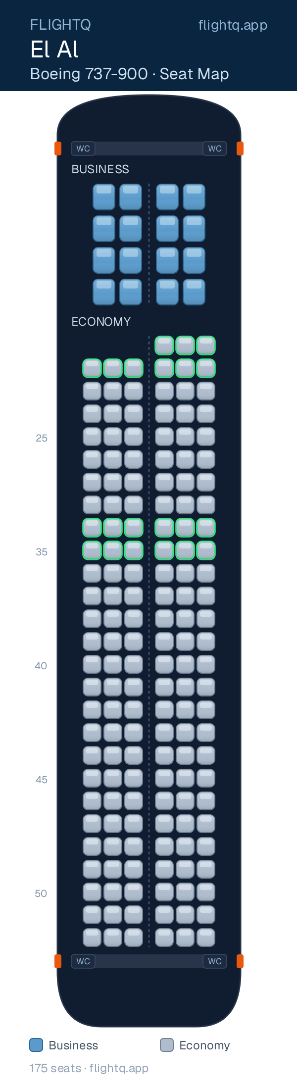 El Al Boeing 737-900 seat map with 175 seats across 2 cabins — best seats and rows to avoid