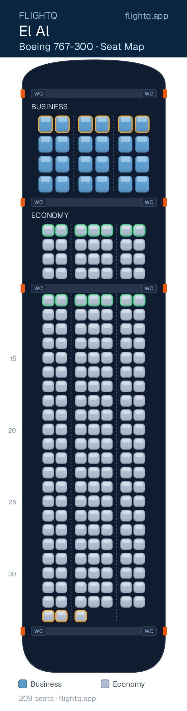 El Al Boeing 767-300ER seat map with 209 seats across 2 cabins — best seats and rows to avoid