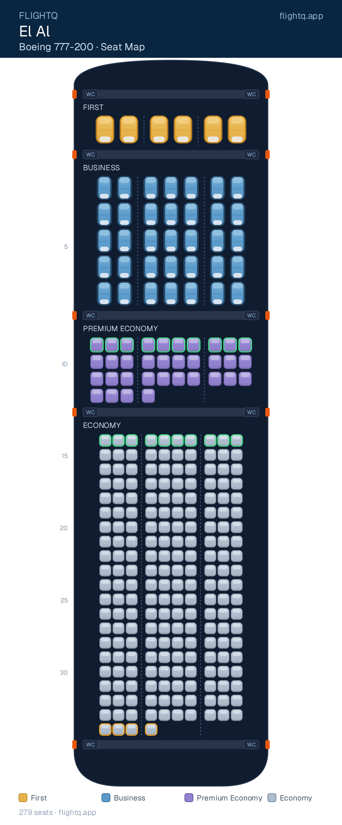 El Al Boeing 777-200 seat map with 279 seats across 4 cabins — best seats and rows to avoid