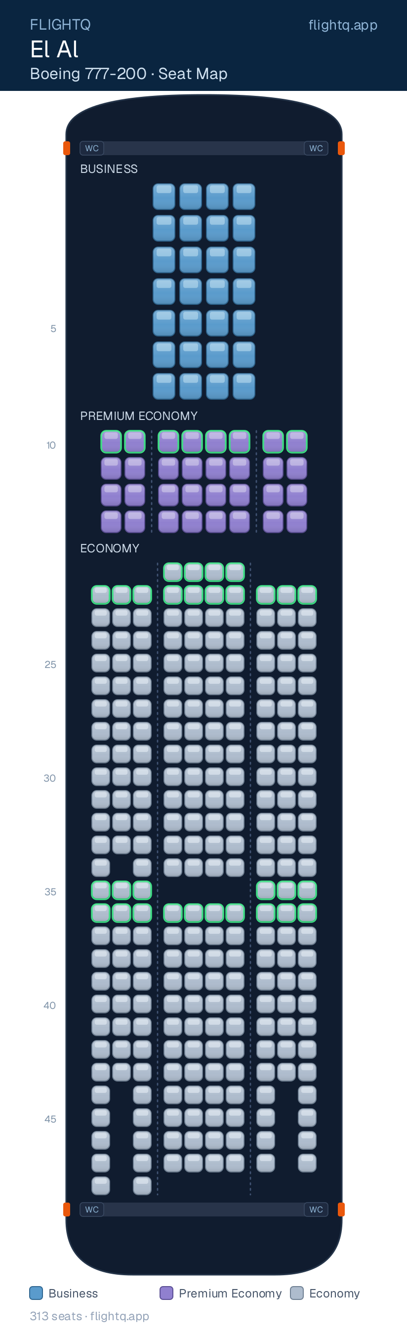 El Al Boeing 777-200 seat map with 313 seats across 3 cabins — best seats and rows to avoid
