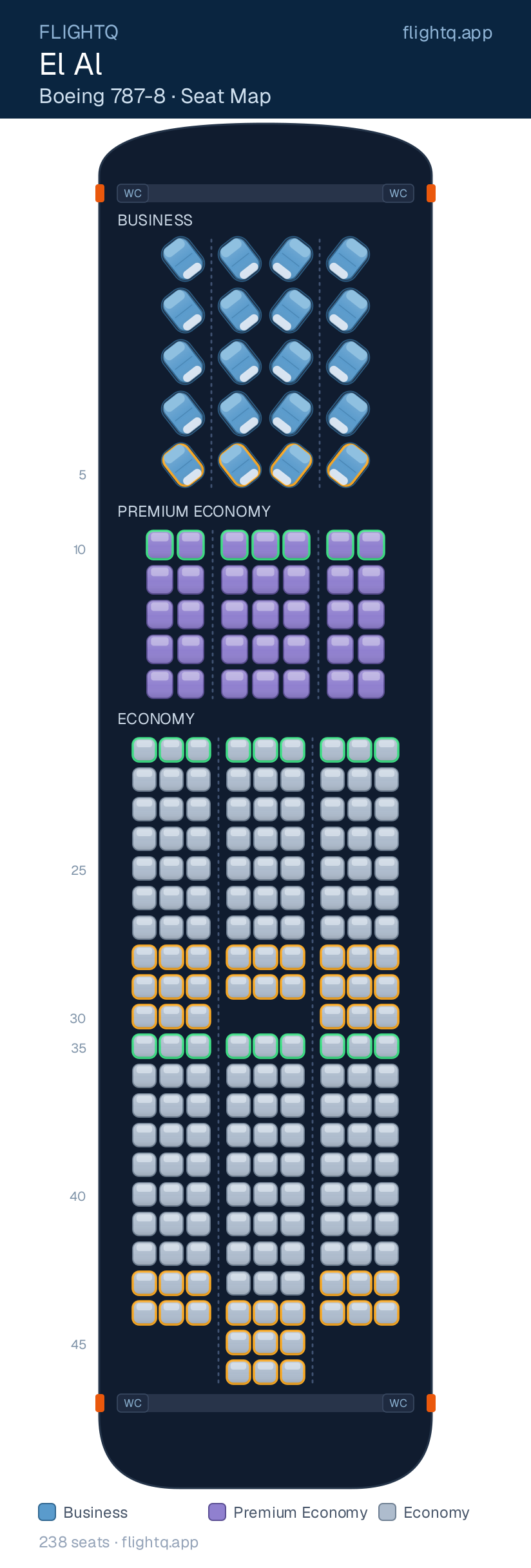El Al Boeing 787-8 Dreamliner seat map with 238 seats across 3 cabins — rows to avoid