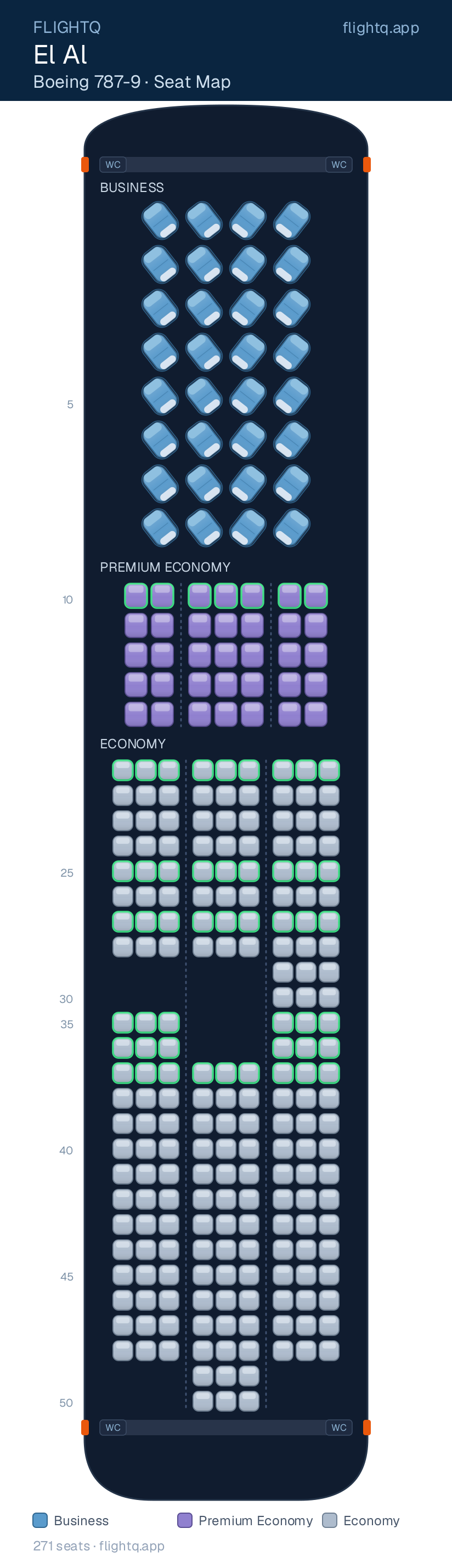El Al Boeing 787-9 Dreamliner seat map with 271 seats across 3 cabins — best seats and rows to avoid