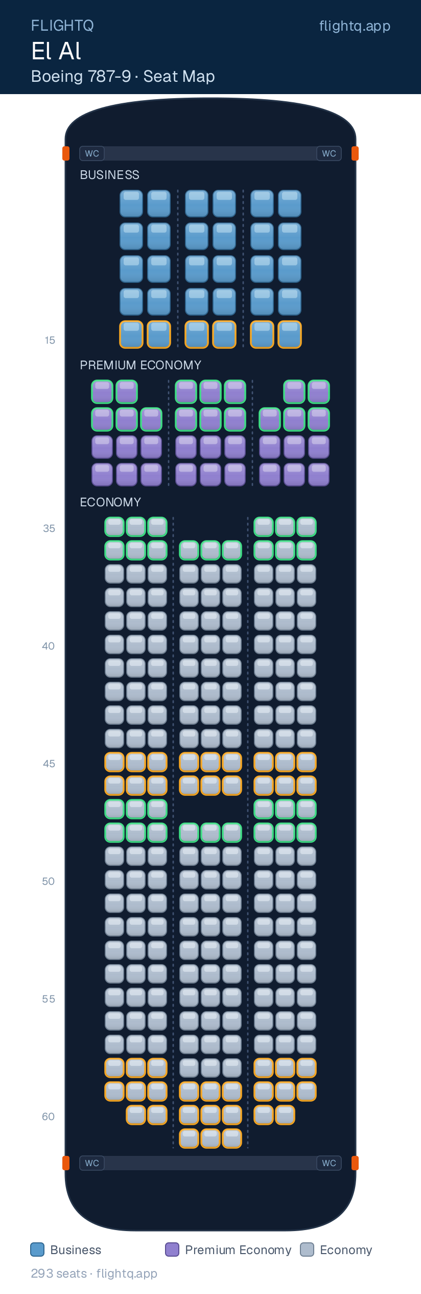 El Al Boeing 787-9 Dreamliner seat map with 293 seats across 3 cabins — best seats and rows to avoid
