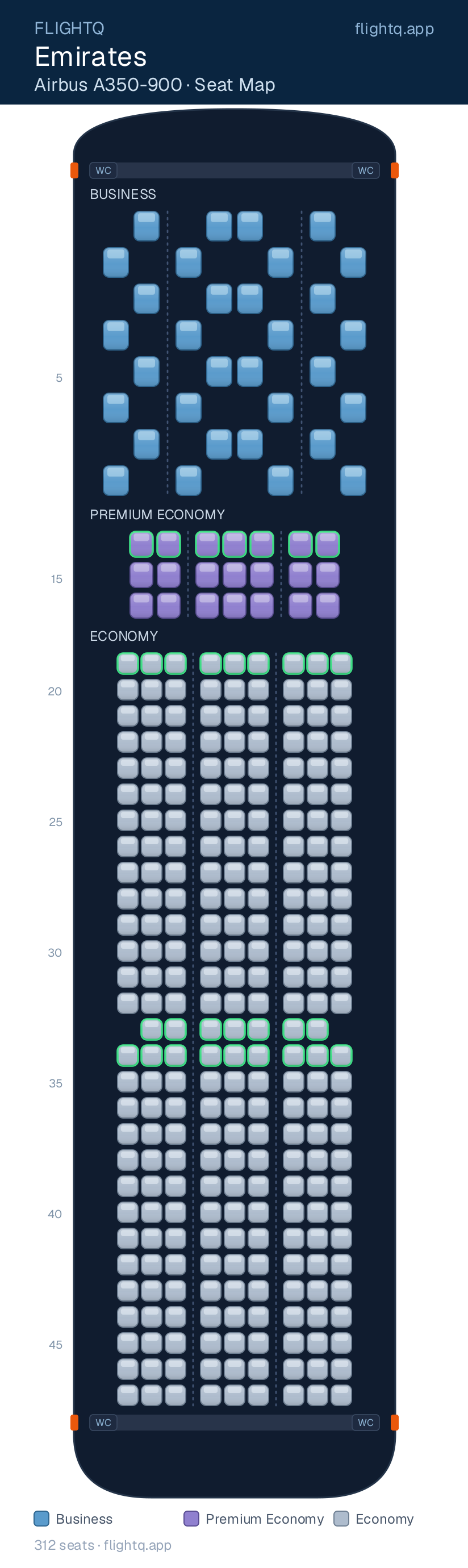 Emirates Airbus A350-900 seat map with 312 seats across 3 cabins — best-seat rows