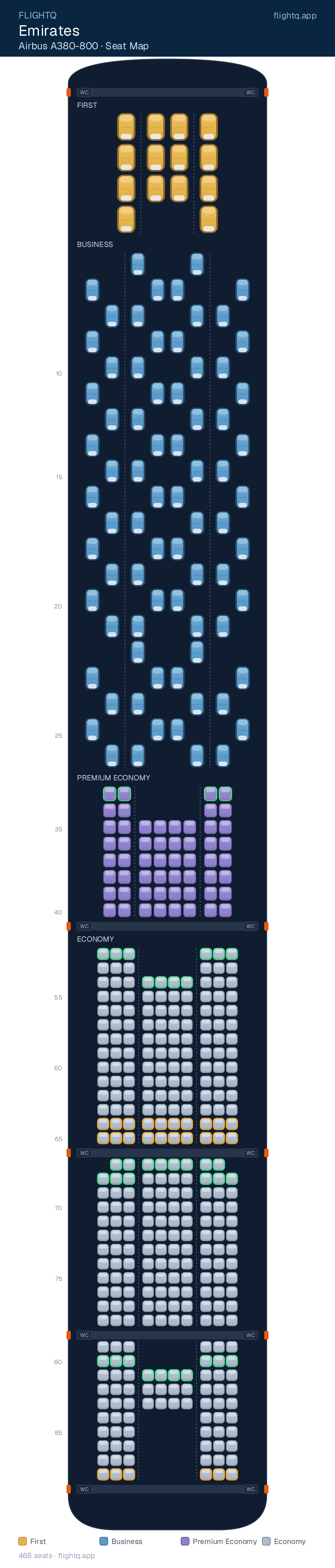 Emirates Airbus A380-800 seat map with 468 seats across 4 cabins — best seats and rows to avoid
