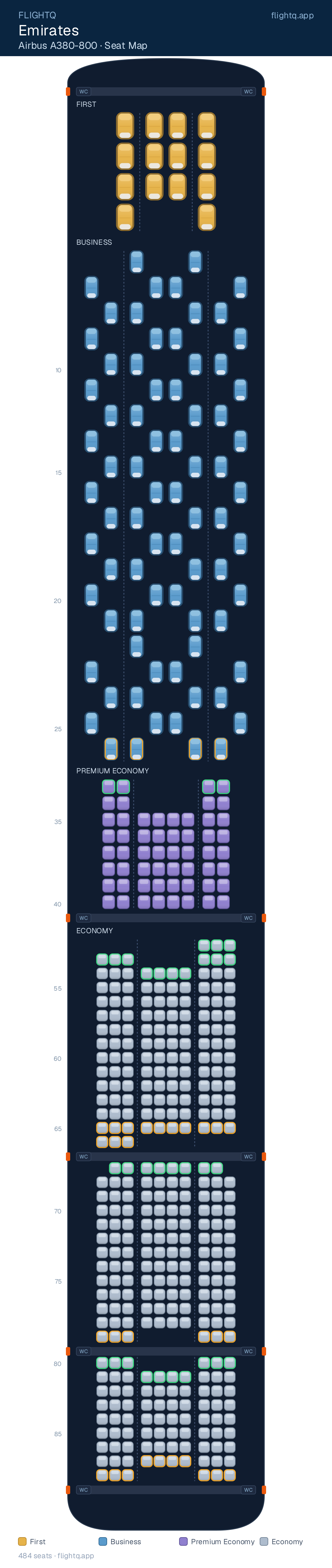 Emirates Airbus A380-800 seat map with 484 seats across 4 cabins — best seats and rows to avoid