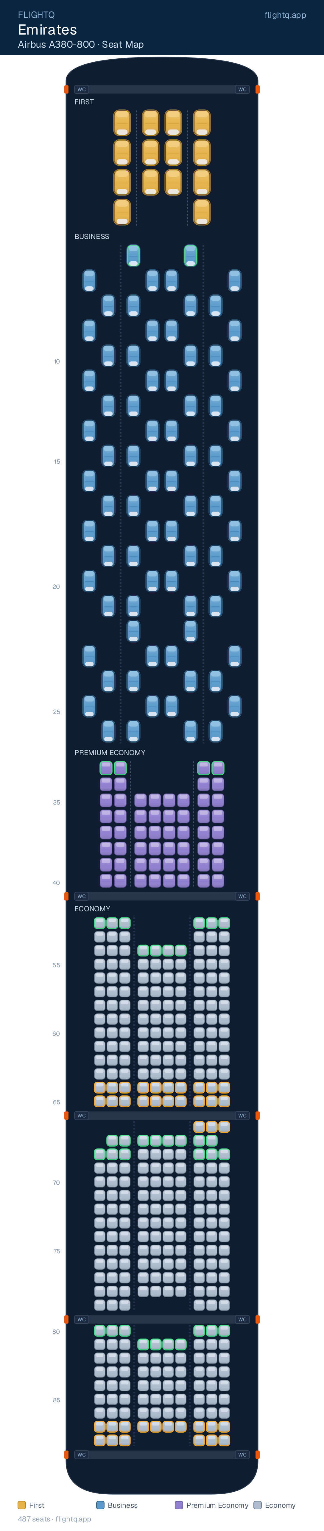 Emirates Airbus A380-800 seat map with 487 seats across 4 cabins — best seats and rows to avoid