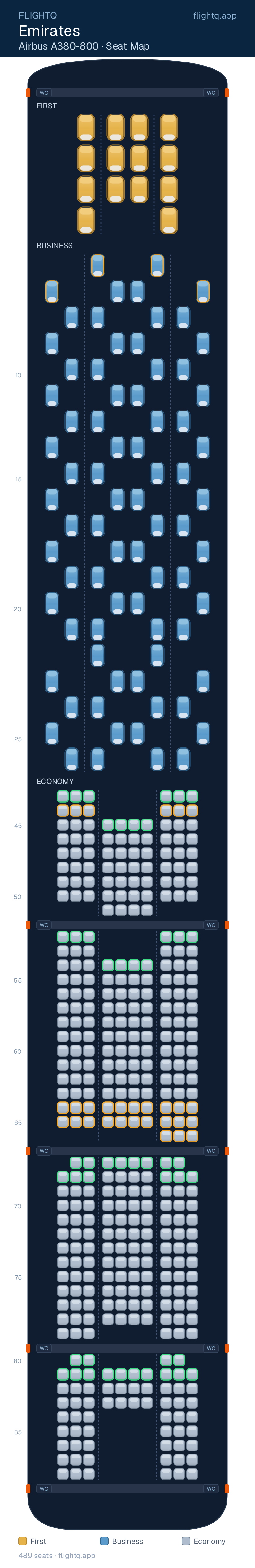 Emirates Airbus A380-800 seat map with 489 seats across 3 cabins — best seats and rows to avoid