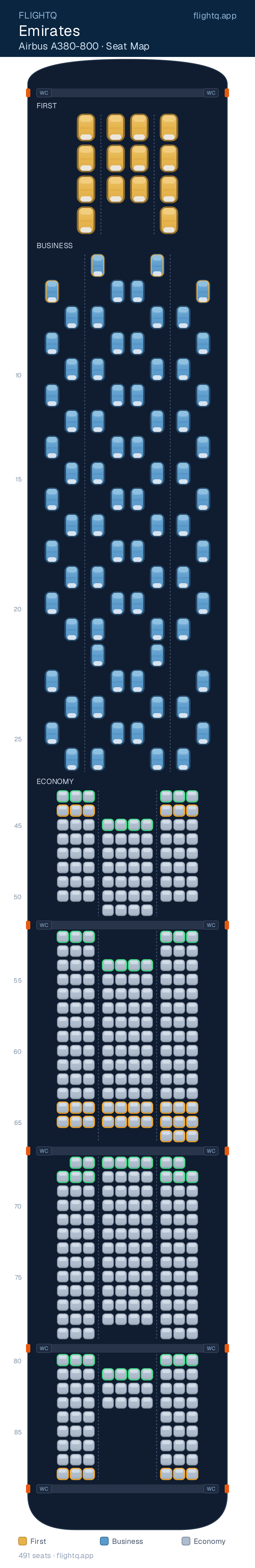 Emirates Airbus A380-800 seat map with 491 seats across 3 cabins — best seats and rows to avoid