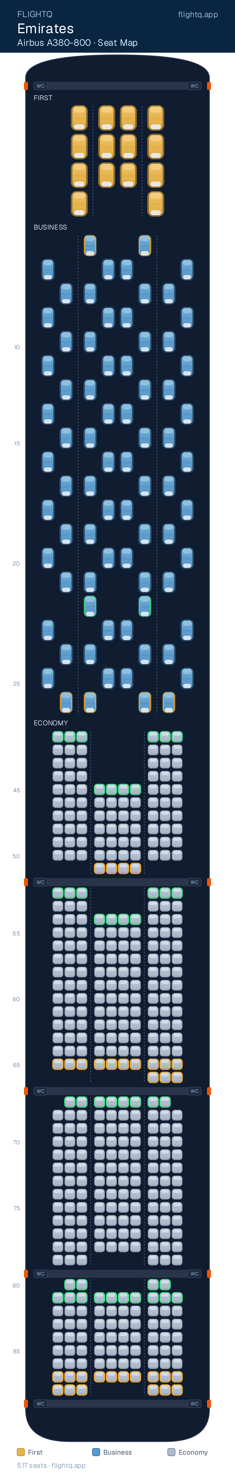 Emirates Airbus A380-800 seat map with 517 seats across 3 cabins — best seats and rows to avoid