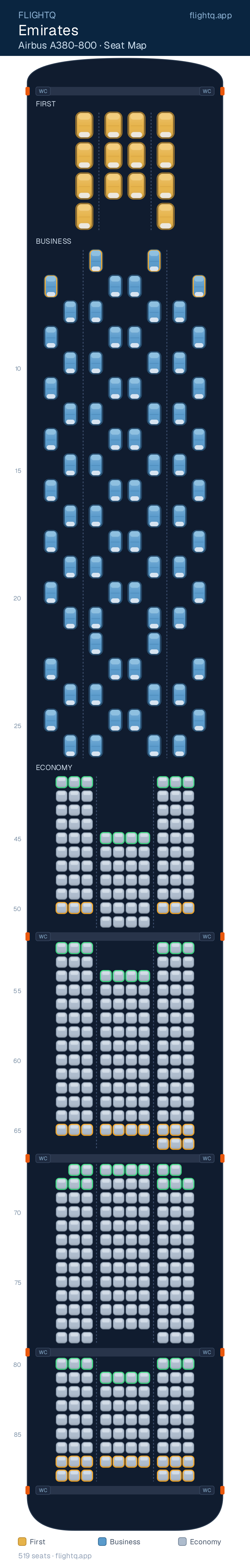 Emirates Airbus A380-800 seat map with 519 seats across 3 cabins — best seats and rows to avoid