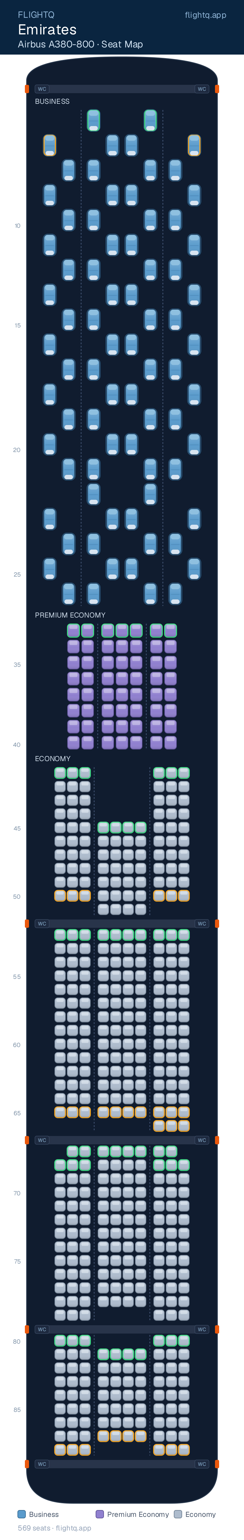 Emirates Airbus A380-800 seat map with 569 seats across 3 cabins — best seats and rows to avoid