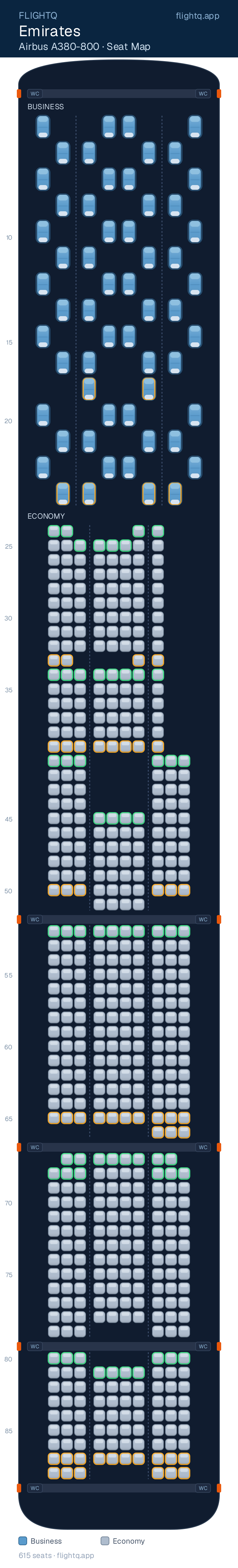 Emirates Airbus A380-800 seat map with 615 seats across 2 cabins — best seats and rows to avoid