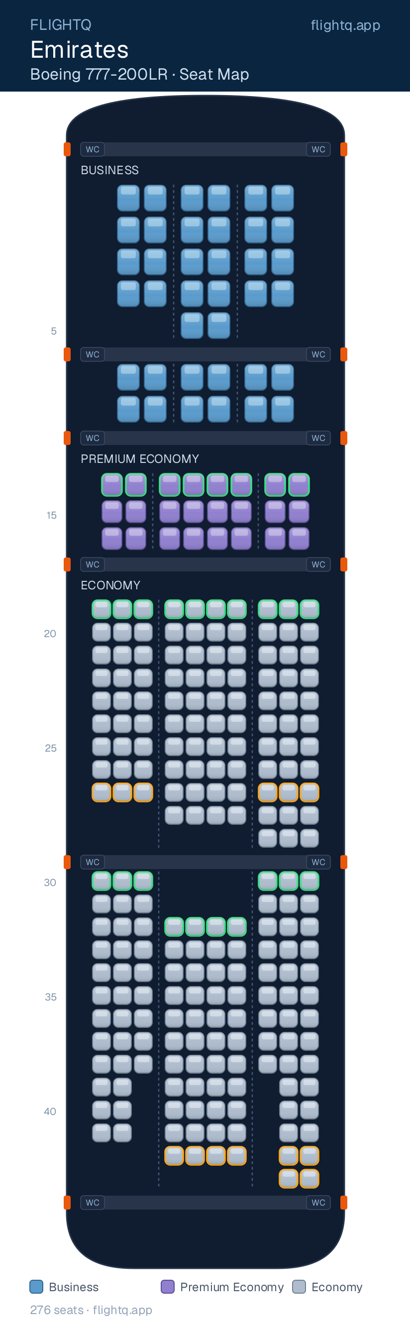 Emirates Boeing 777-200LR seat map with 276 seats across 3 cabins — best seats and rows to avoid