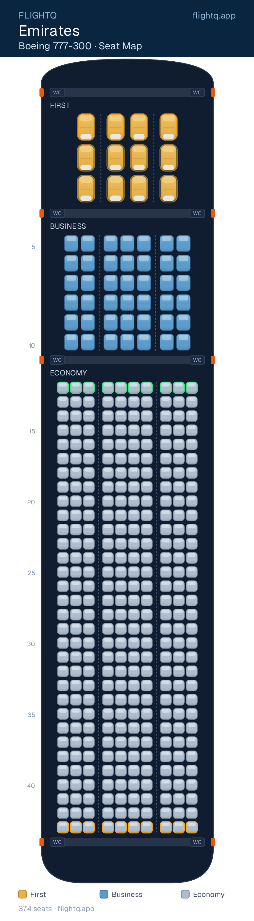 Emirates Boeing 777-300 seat map with 374 seats across 3 cabins — rows to avoid