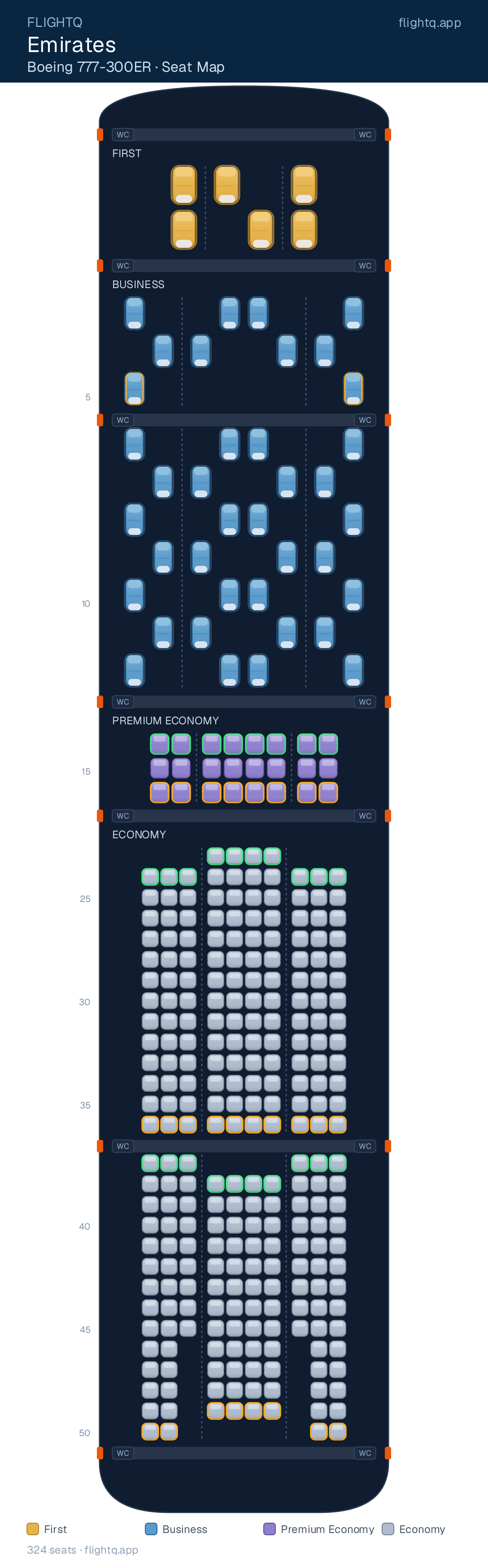 Emirates Boeing 777-300ER seat map with 324 seats across 4 cabins — best seats and rows to avoid