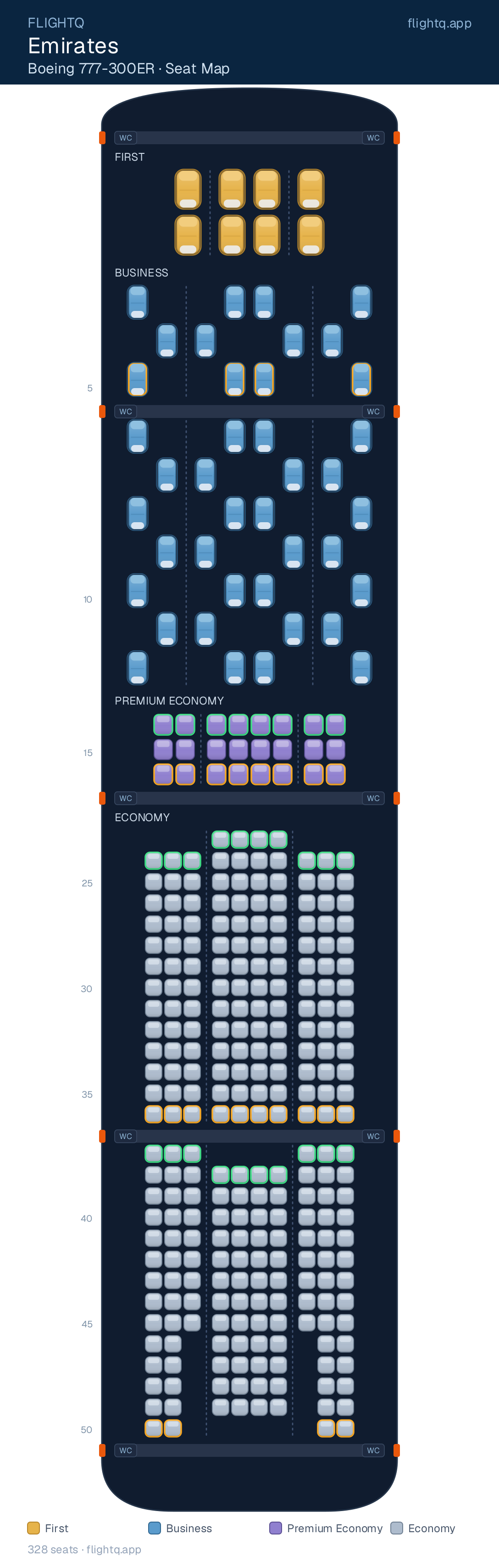 Emirates Boeing 777-300ER seat map with 328 seats across 4 cabins — best seats and rows to avoid
