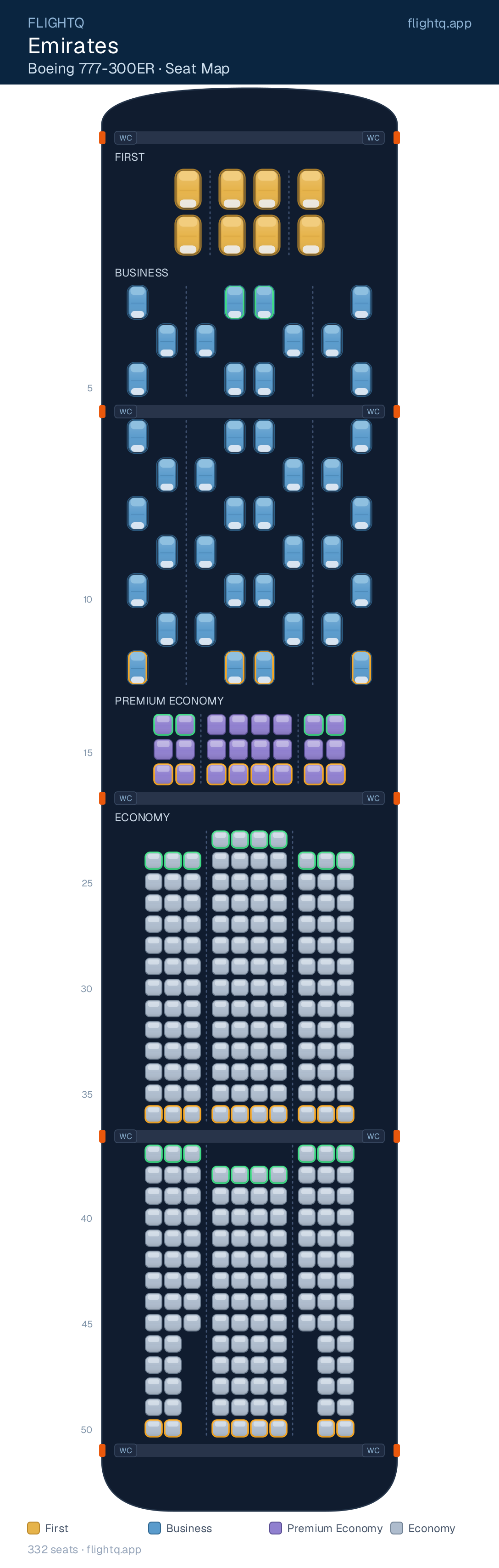 Emirates Boeing 777-300ER seat map with 332 seats across 4 cabins — best seats and rows to avoid