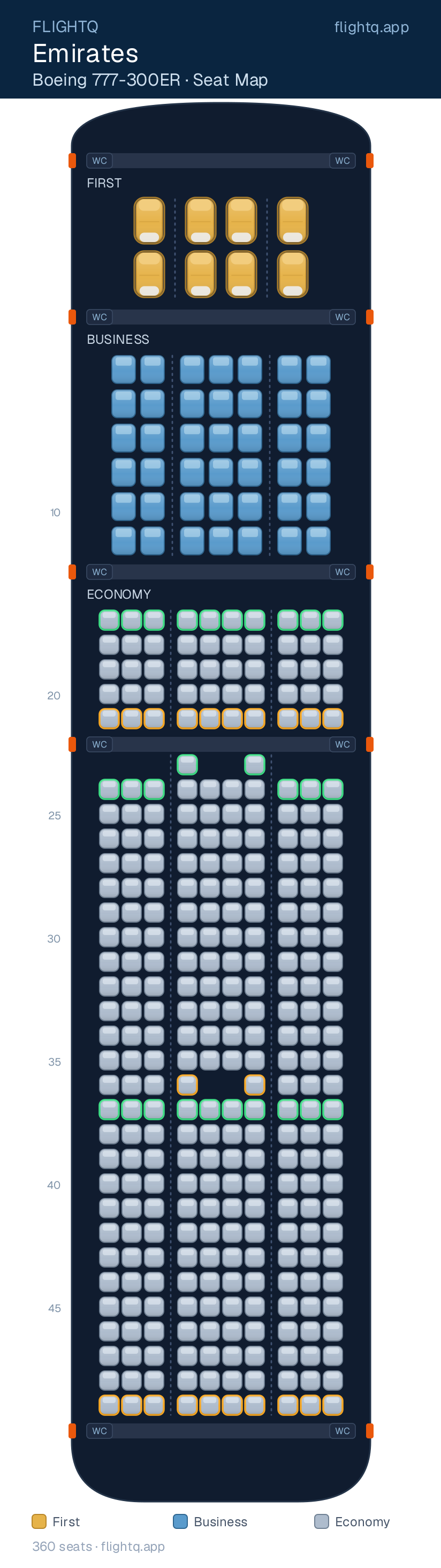 Emirates Boeing 777-300ER seat map with 360 seats across 3 cabins — best seats and rows to avoid