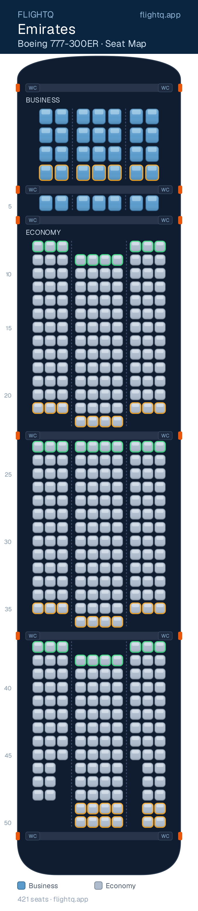 Emirates Boeing 777-300ER seat map with 421 seats across 2 cabins — best seats and rows to avoid