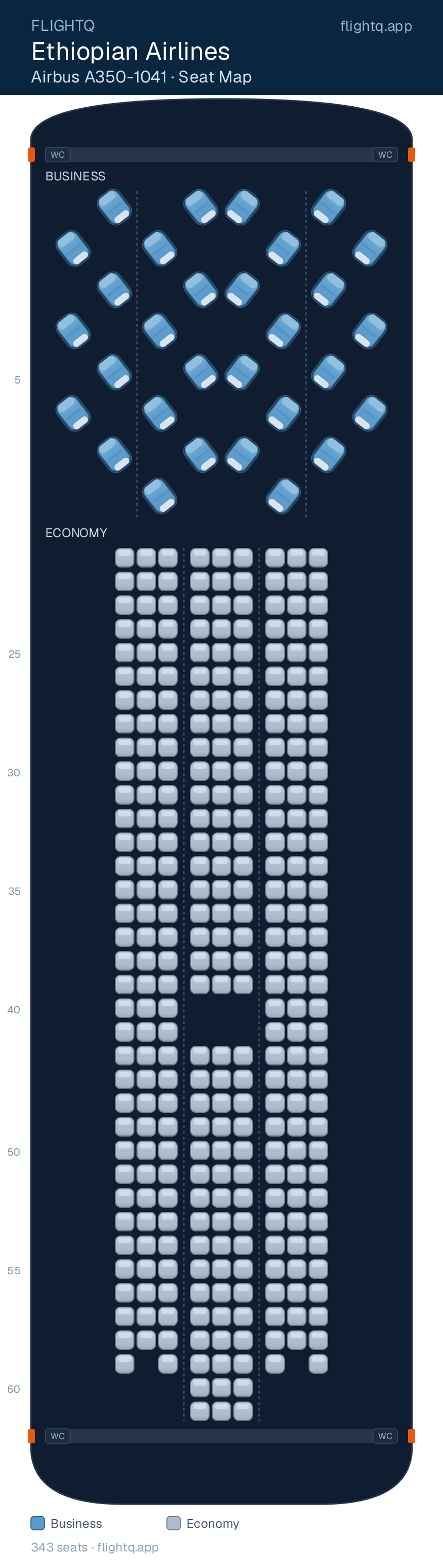 Ethiopian Airlines Airbus A350-900 seat map with 343 seats across 2 cabins — best seats and rows to avoid