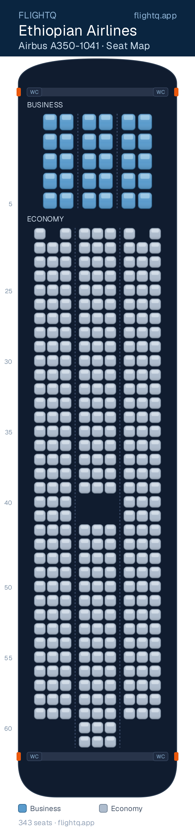 Ethiopian Airlines Airbus A350-900 seat map with 343 seats across 2 cabins — best seats and rows to avoid