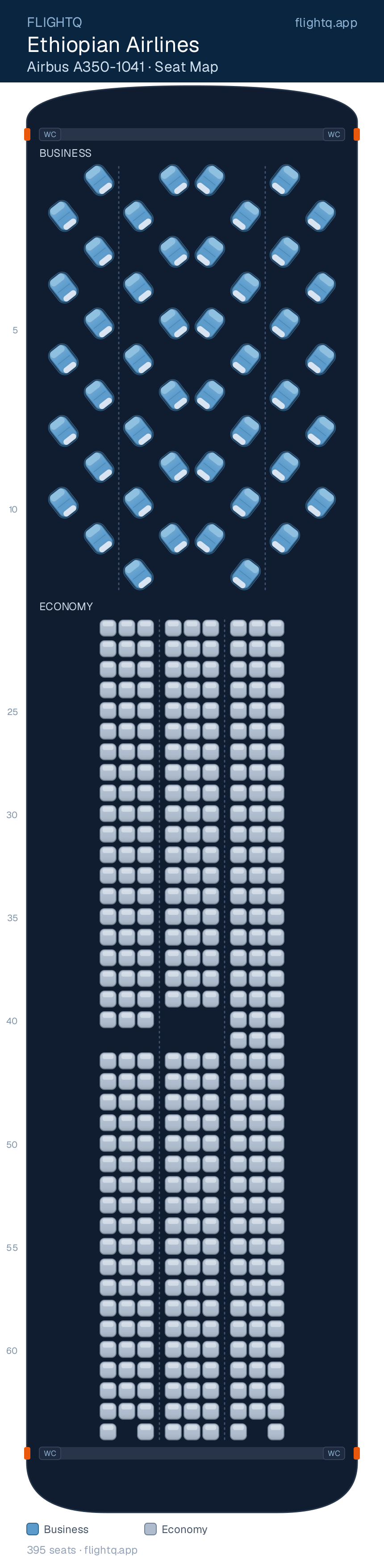 Ethiopian Airlines Airbus A350-1000 seat map with 395 seats across 2 cabins — best seats and rows to avoid