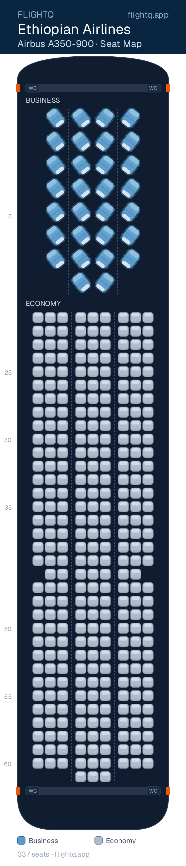 Ethiopian Airlines Airbus A350-900 seat map with 337 seats across 2 cabins — best seats and rows to avoid