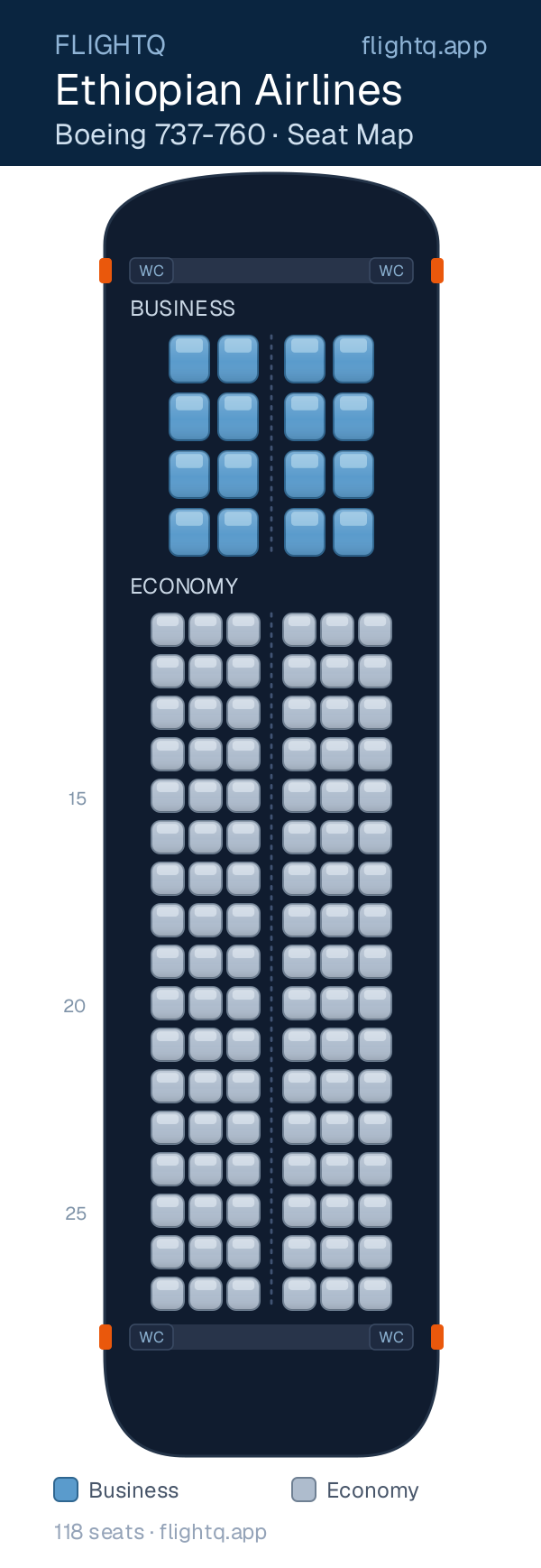 Ethiopian Airlines Boeing 737-700 seat map with 118 seats across 2 cabins — best seats and rows to avoid