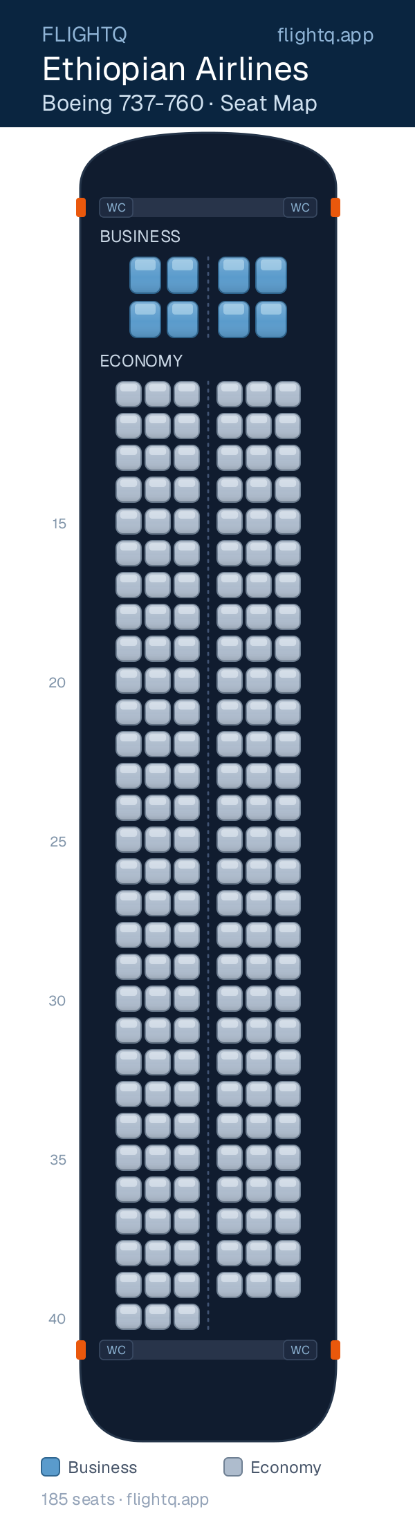 Ethiopian Airlines Boeing 737 MAX 8 seat map with 185 seats across 2 cabins — best seats and rows to avoid