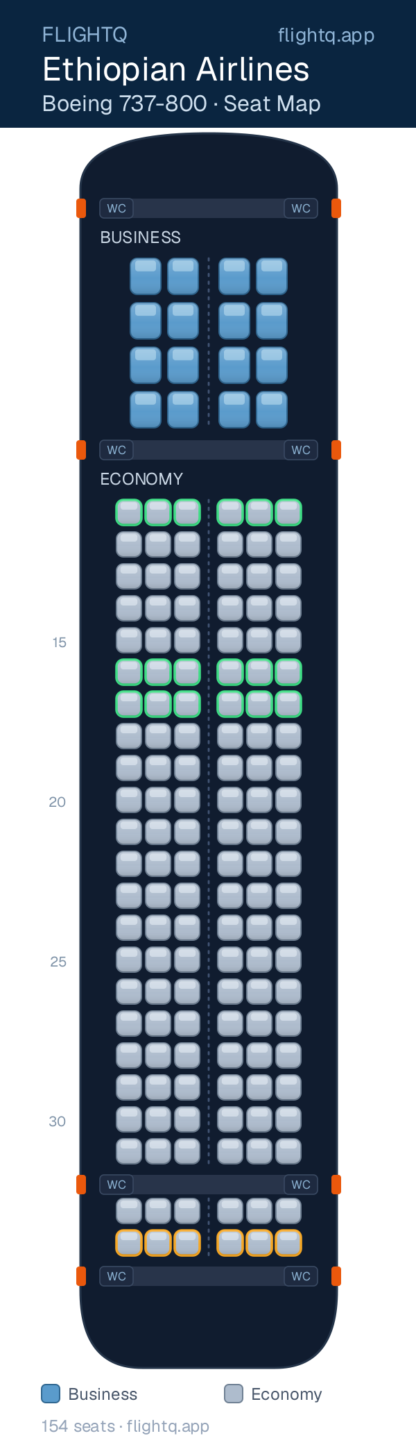 Ethiopian Airlines Boeing 737-800 seat map with 154 seats across 2 cabins — best seats and rows to avoid