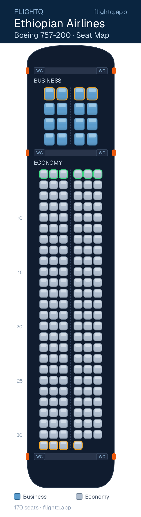 Ethiopian Airlines Boeing 757-200 seat map with 170 seats across 2 cabins — best seats and rows to avoid