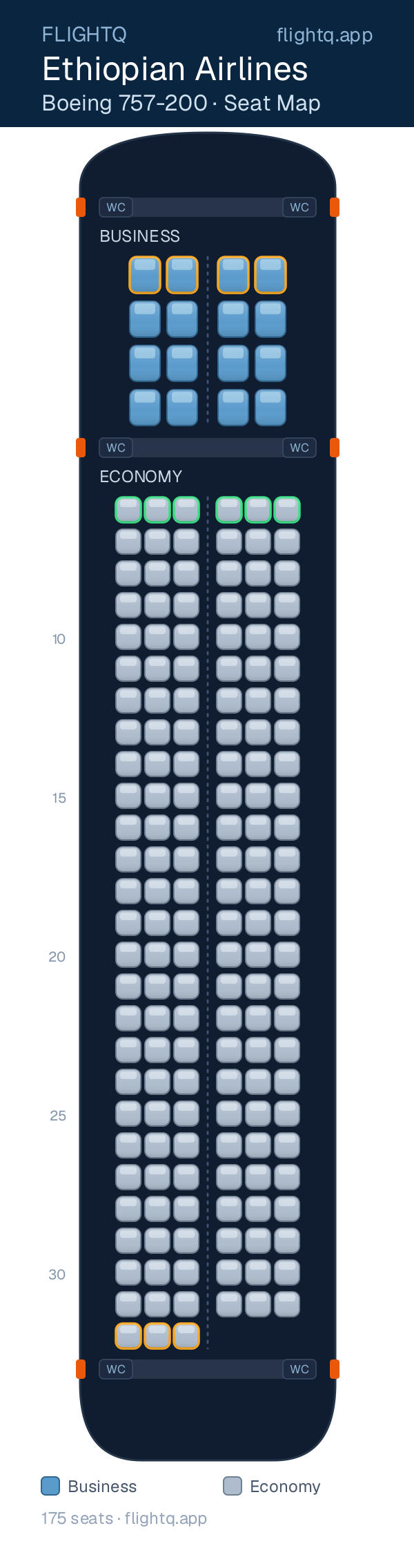 Ethiopian Airlines Boeing 757-200 seat map with 175 seats across 2 cabins — best seats and rows to avoid