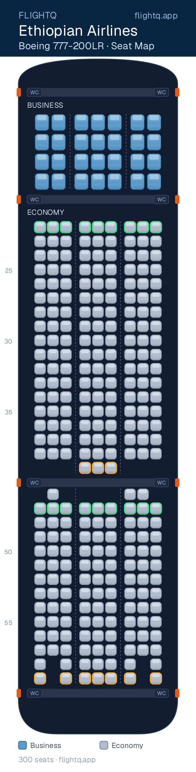 Ethiopian Airlines Boeing 777-200 seat map with 300 seats across 2 cabins — best seats and rows to avoid