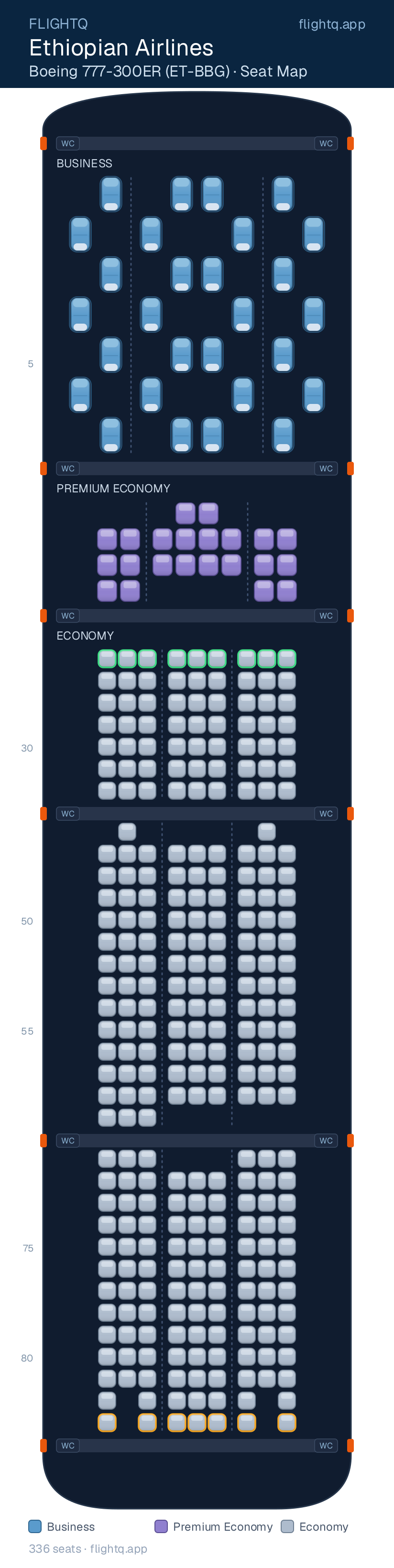 Ethiopian Airlines Boeing 777-300ER seat map with 336 seats across 3 cabins — best seats and rows to avoid