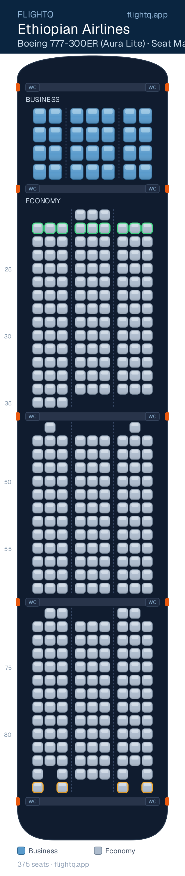Ethiopian Airlines Boeing 777-300ER seat map with 375 seats across 2 cabins — best seats and rows to avoid