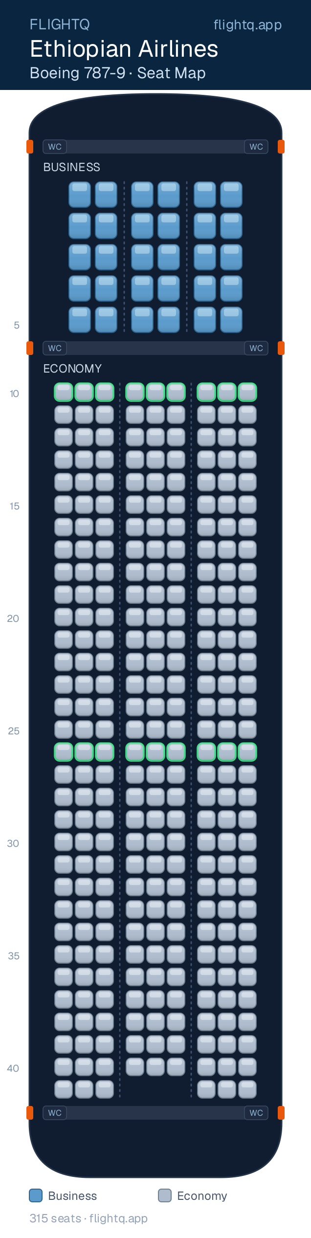 Ethiopian Airlines Boeing 787-9 Dreamliner seat map with 315 seats across 2 cabins — best seats and rows to avoid